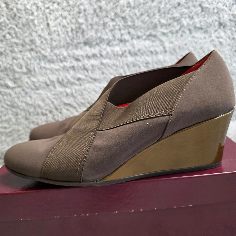 NEW Amalfi Rangoni Italian Brown Stretch Leather Lined‎ Wedge Loafers Shoes 8M